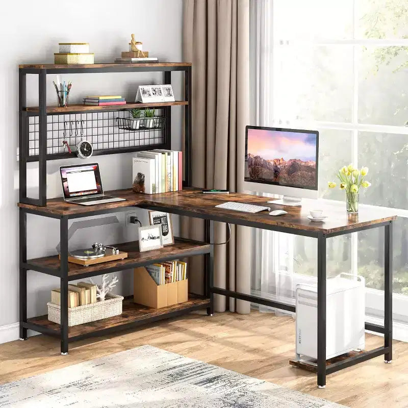 Lantine Bureau d'ordinateur en L de 55 pouces réversible, bureau de travail réversible avec recharge sans fil et bibliothèque pour bureau à domicile, brun