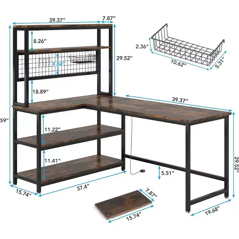 Lantine Bureau d'ordinateur en L de 55 pouces réversible, bureau de travail réversible avec recharge sans fil et bibliothèque pour bureau à domicile, brun
