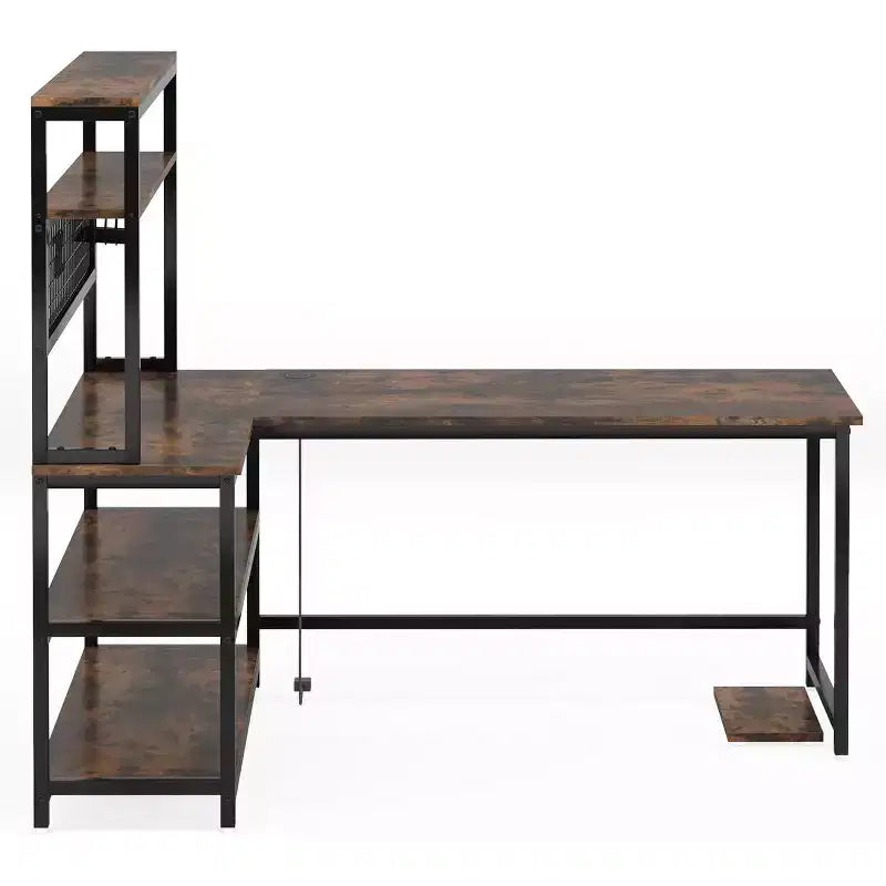 Lantine Bureau d'ordinateur en L de 55 pouces réversible, bureau de travail réversible avec recharge sans fil et bibliothèque pour bureau à domicile, brun