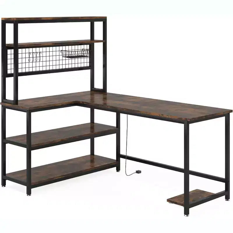 Lantine Bureau d'ordinateur en L de 55 pouces réversible, bureau de travail réversible avec recharge sans fil et bibliothèque pour bureau à domicile, brun