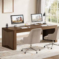 Grand bureau Lantine de 199 cm, double bureau deux personnes pour bureau à domicile, longue table d'écriture d'ordinateur en bois pour bureau, marron foncé