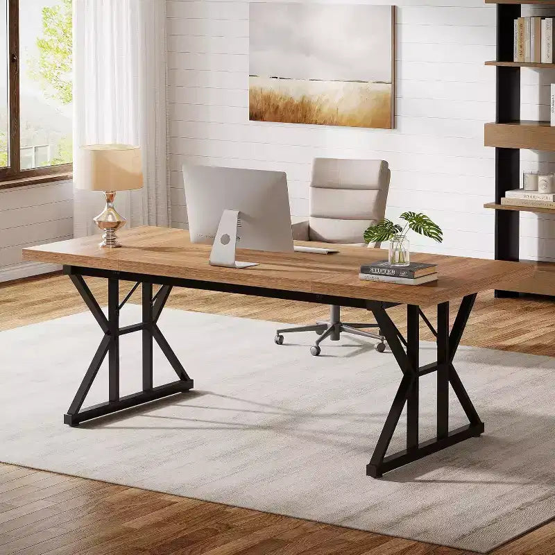 Grand bureau de direction Lantine de 180 cm, table d'étude/d'écriture pour ordinateur de bureau à domicile de style industriel, brun clair/noir