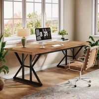 Grand bureau de direction Lantine de 180 cm, table d'étude/d'écriture pour ordinateur de bureau à domicile de style industriel, brun clair/noir