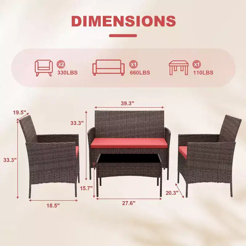 Ensemble de 4 meubles de patio, salon de jardin en rotin avec table basse, ensemble table et chaises d'extérieur pour arrière-cour et bord de piscine, noir et beige