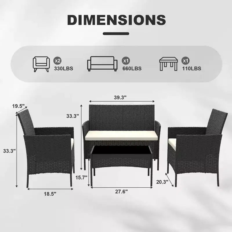 Ensemble de 4 meubles de patio, salon de jardin en rotin avec table basse, ensemble table et chaises d'extérieur pour arrière-cour et bord de piscine, noir et beige