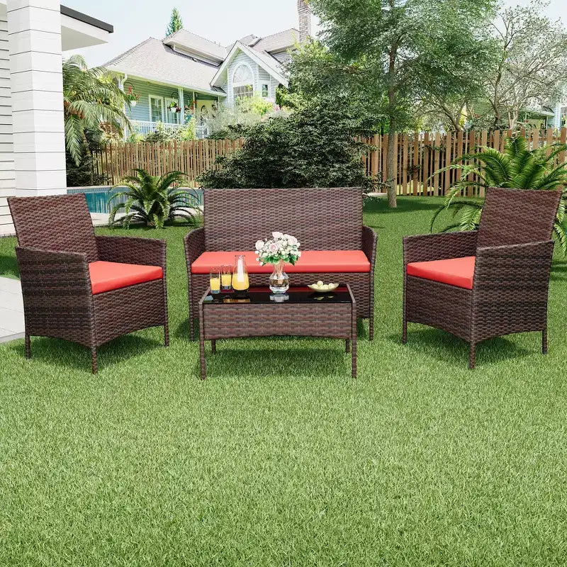 Ensemble de 4 meubles de patio, salon de jardin en rotin avec table basse, ensemble table et chaises d'extérieur pour arrière-cour et bord de piscine, noir et beige