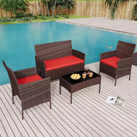 Ensemble de 4 meubles de patio, salon de jardin en rotin avec table basse, ensemble table et chaises d'extérieur pour arrière-cour et bord de piscine, noir et beige
