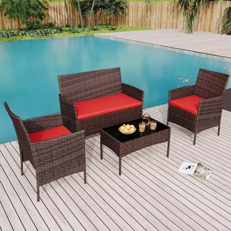 Ensemble de 4 meubles de patio, salon de jardin en rotin avec table basse, ensemble table et chaises d'extérieur pour arrière-cour et bord de piscine, noir et beige