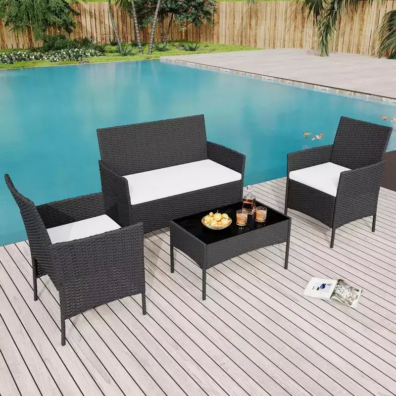 Ensemble de 4 meubles de patio, salon de jardin en rotin avec table basse, ensemble table et chaises d'extérieur pour arrière-cour et bord de piscine, noir et beige