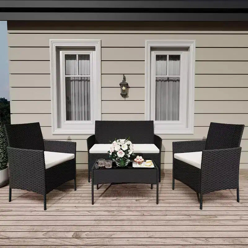 Ensemble de 4 meubles de patio, salon de jardin en rotin avec table basse, ensemble table et chaises d'extérieur pour arrière-cour et bord de piscine, noir et beige
