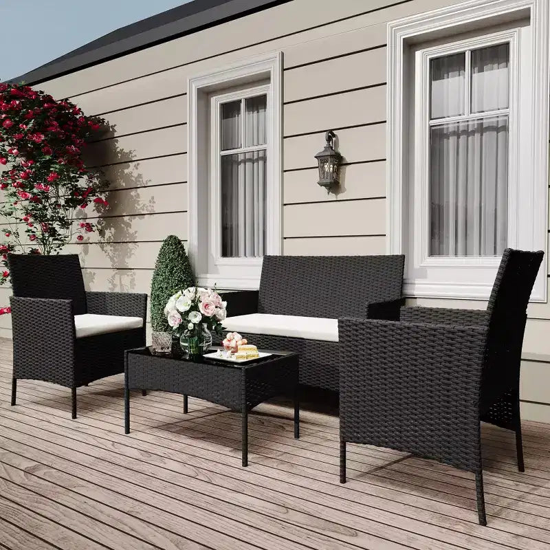 4 Piece Patio Furniture Set, Rattan Wicker Patio Conversation Set with Coffee Table, Outdoor Table and Chairs Set for Backyard Poolside,Black & Beige