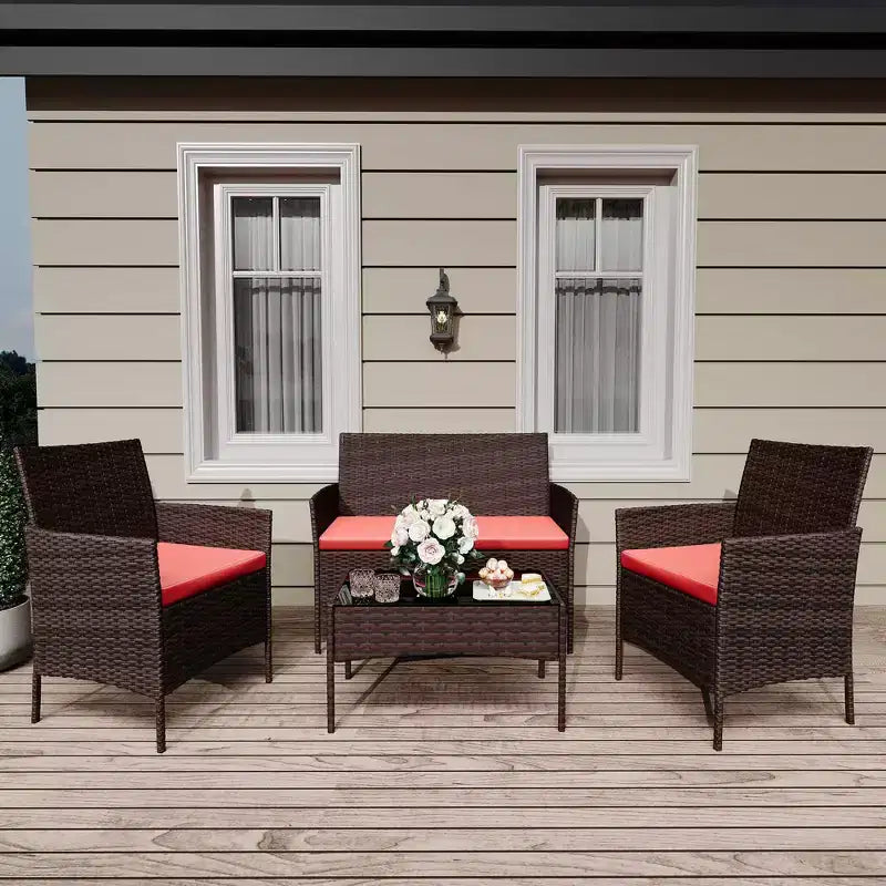 Ensemble de 4 meubles de patio, salon de jardin en rotin avec table basse, ensemble table et chaises d'extérieur pour arrière-cour et bord de piscine, noir et beige
