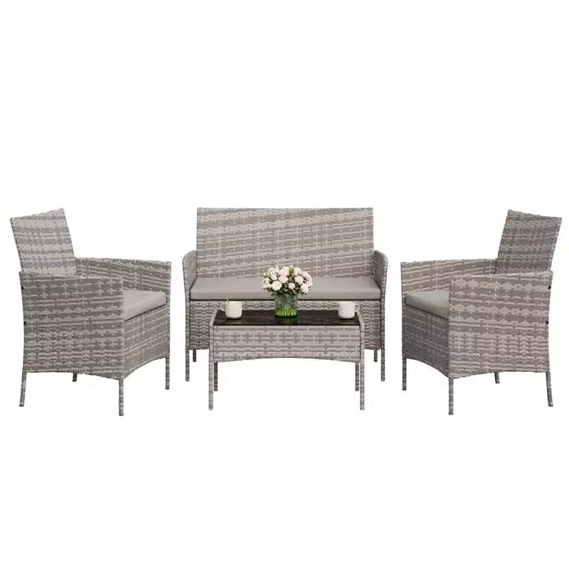 Ensemble de 4 meubles de patio, salon de jardin en rotin avec table basse, ensemble table et chaises d'extérieur pour arrière-cour et bord de piscine, noir et beige