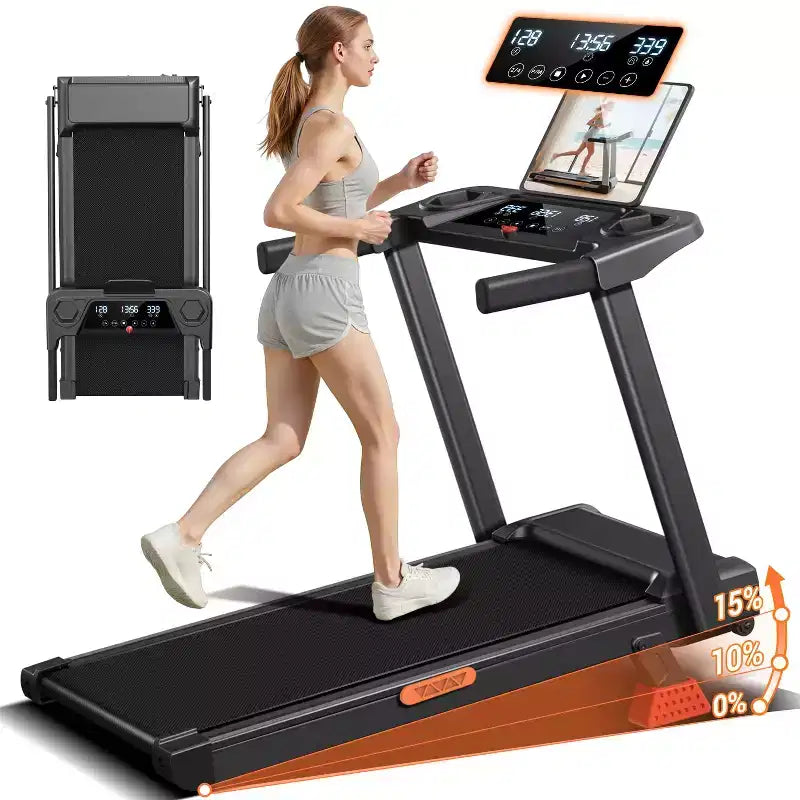 Tapis roulant pliable avec inclinaison manuelle à 15 % et guidon, écran 3 fonctions, moteur silencieux 3,0 CV, 1,0-11,3 km/h, tapis de course domestique