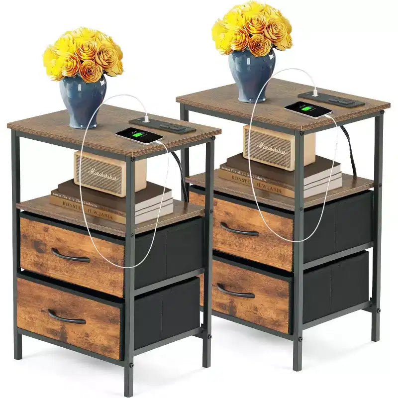 Lot de 2 tables de chevet FurnitureR avec 2 tiroirs, tables de chevet industrielles avec étagère ouverte et bacs de rangement, marron rustique
