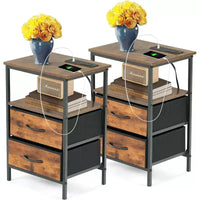 Lot de 2 tables de chevet FurnitureR avec 2 tiroirs, tables de chevet industrielles avec étagère ouverte et bacs de rangement, marron rustique