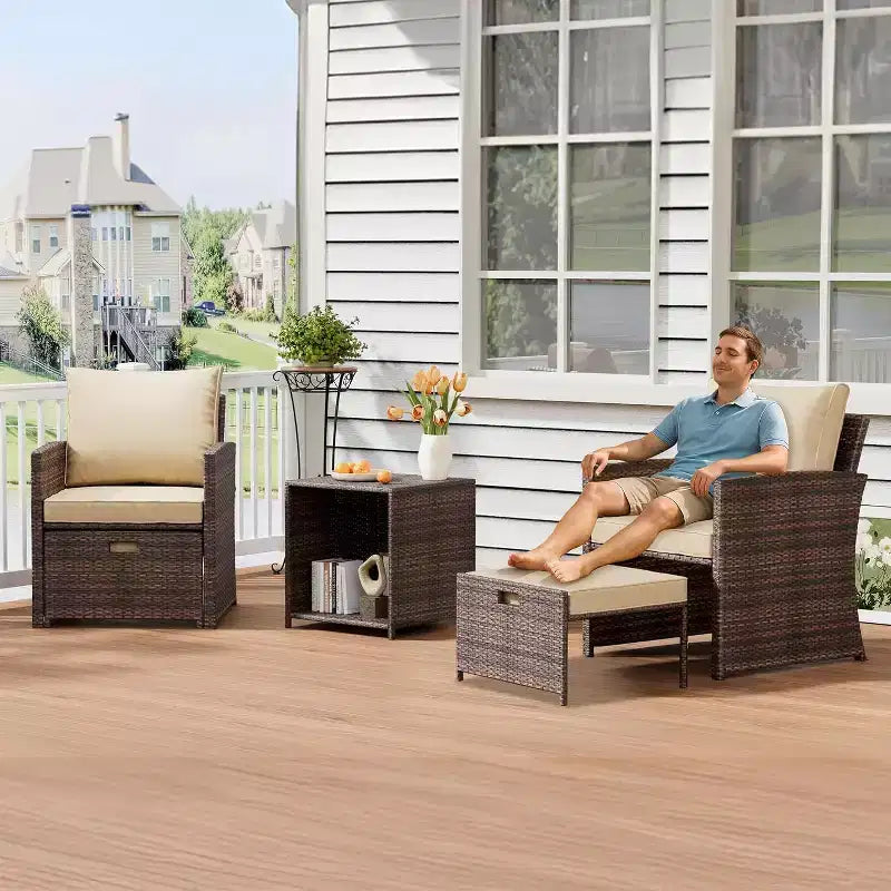 Ensemble de canapés de jardin 5 pièces à dossier haut, meubles d'extérieur en rotin PE avec coussins moelleux, 2 poufs et une table, pour jardin, balcon, porche, bord de piscine