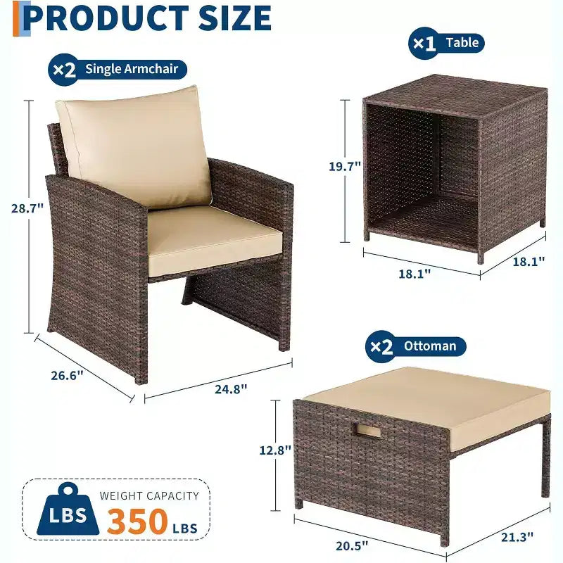 Ensemble canapé de patio 5 pièces à dossier haut, mobilier d'extérieur en rotin PE avec coussins moelleux, 2 poufs et table, pour jardin, balcon, porche, bord de piscine