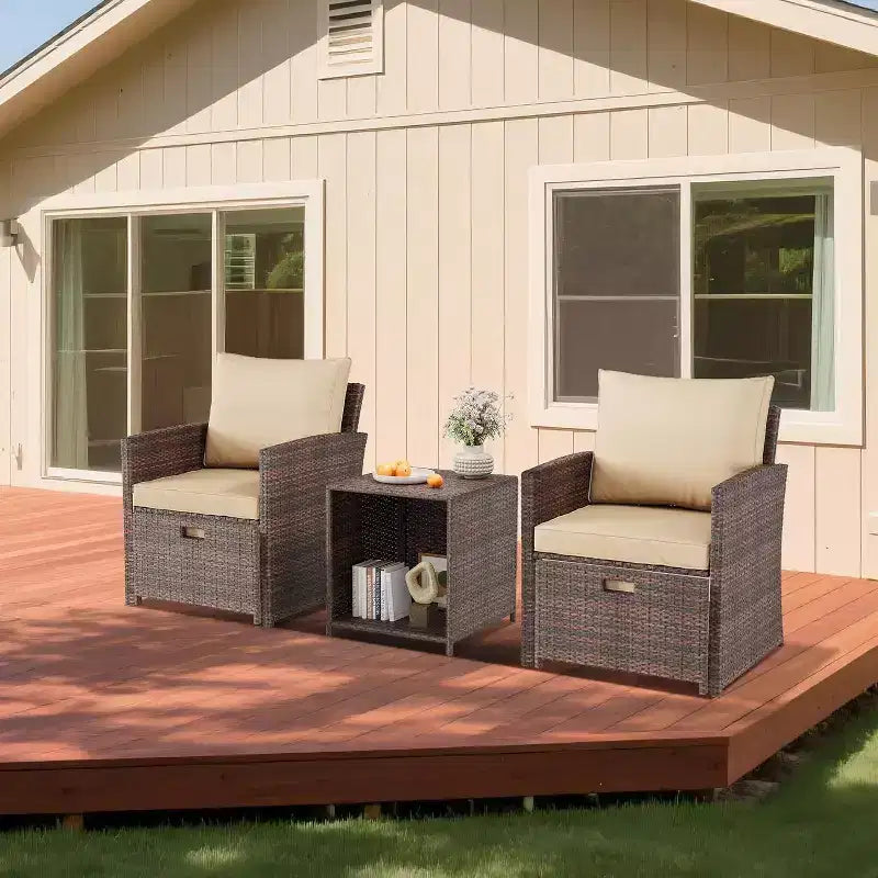 Ensemble canapé de patio 5 pièces à dossier haut, mobilier d'extérieur en rotin PE avec coussins moelleux, 2 poufs et table, pour jardin, balcon, porche, bord de piscine