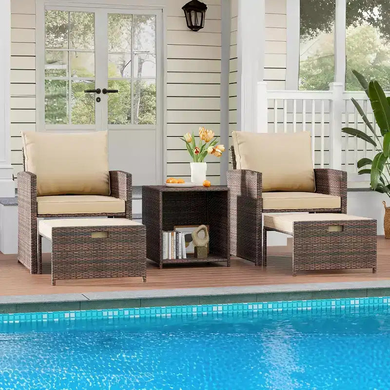 Ensemble canapé de patio 5 pièces à dossier haut, mobilier d'extérieur en rotin PE avec coussins moelleux, 2 poufs et table, pour jardin, balcon, porche, bord de piscine