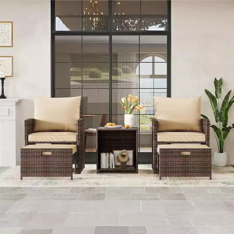 Ensemble canapé de patio 5 pièces à dossier haut, mobilier d'extérieur en rotin PE avec coussins moelleux, 2 poufs et table, pour jardin, balcon, porche, bord de piscine