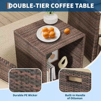Ensemble canapé de patio 5 pièces à dossier haut, mobilier d'extérieur en rotin PE avec coussins moelleux, 2 poufs et table, pour jardin, balcon, porche, bord de piscine