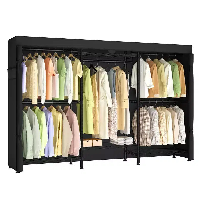 SONGMICS Portant à Vêtements Robuste sur Roues, Armoire Portable, avec Étagères en Maille et Tringles Réglables, Housse en Tissu, Noir Encre