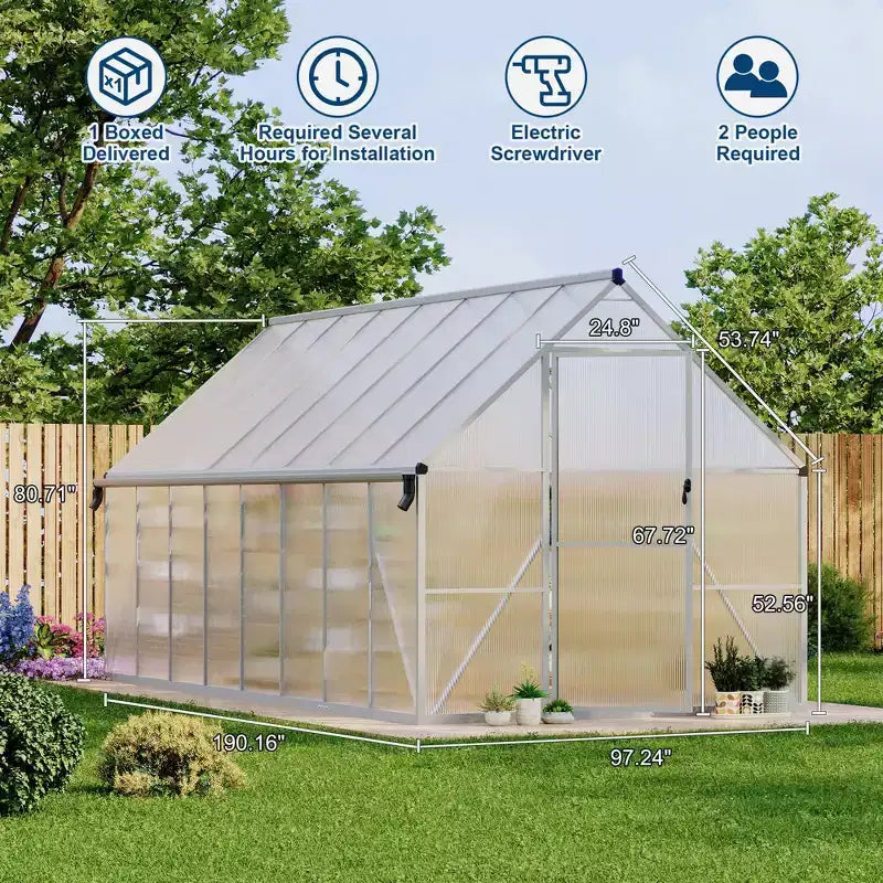 Serre en polycarbonate avec cadre en aluminium 8'X16', Serre robuste avec structure à montage rapide et lucarne de toit, Kit de serres en aluminium amélioré