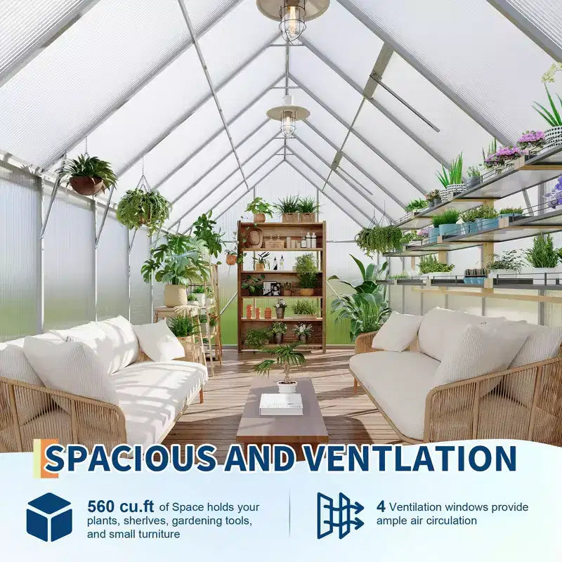 Serre en polycarbonate avec cadre en aluminium 8'X16', Serre robuste avec structure à montage rapide et lucarne de toit, Kit de serres en aluminium amélioré