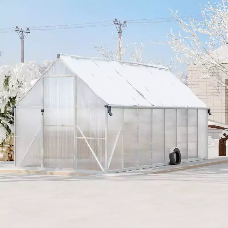 Serre en polycarbonate avec cadre en aluminium 8'X16', Serre robuste avec structure à montage rapide et lucarne de toit, Kit de serres en aluminium amélioré
