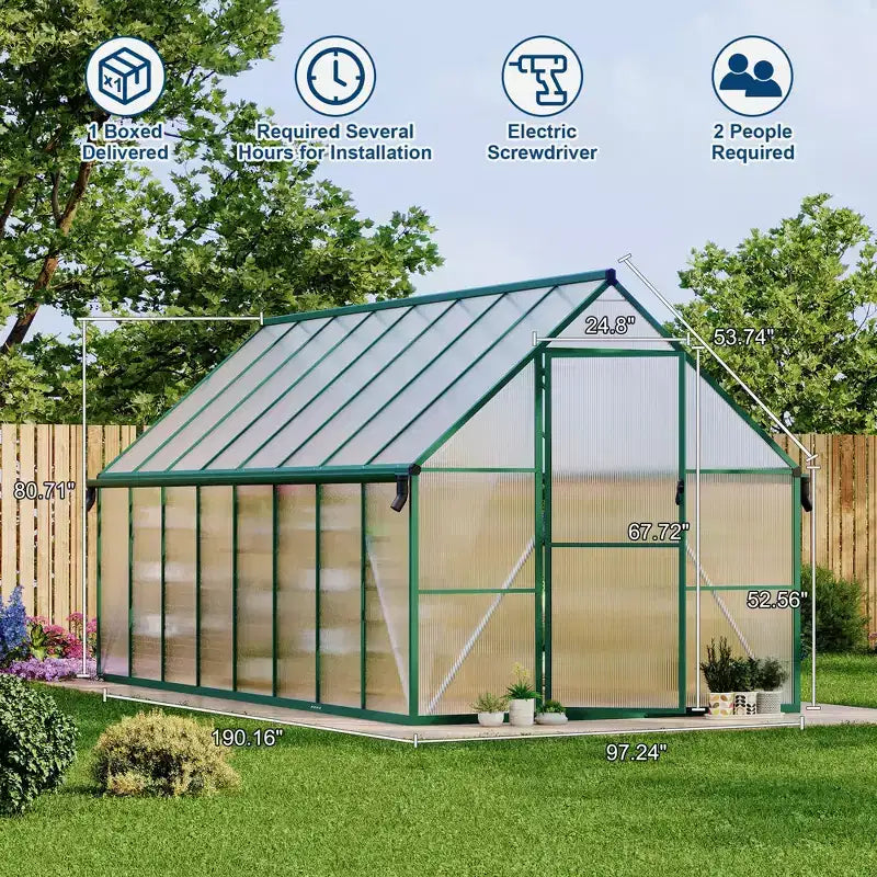 Serre en polycarbonate avec cadre en aluminium 8'X16', Serre robuste avec structure à montage rapide et lucarne de toit, Kit de serres en aluminium amélioré