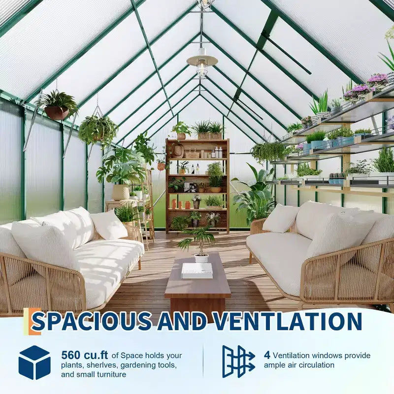Serre en polycarbonate avec cadre en aluminium 8'X16', Serre robuste avec structure à montage rapide et lucarne de toit, Kit de serres en aluminium amélioré