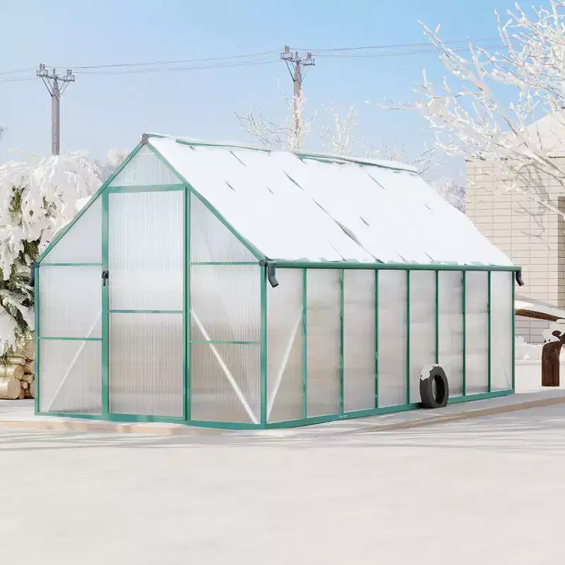 Serre en polycarbonate avec cadre en aluminium 8'X16', Serre robuste avec structure à montage rapide et lucarne de toit, Kit de serres en aluminium amélioré
