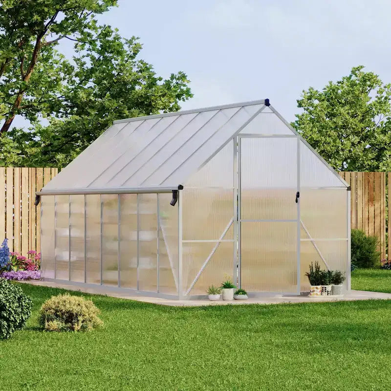 Serre en polycarbonate avec cadre en aluminium 8'X16', Serre robuste avec structure à montage rapide et lucarne de toit, Kit de serres en aluminium amélioré
