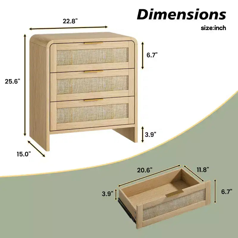 Lot de 2 tables de chevet en rotin à 3 tiroirs, tables de nuit galbées 22,8", meuble de rangement de chambre mid-century - Panipeachy