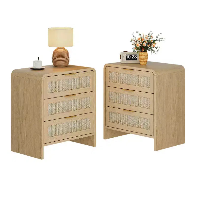Lot de 2 tables de chevet en rotin à 3 tiroirs, tables de nuit galbées 22,8", meuble de rangement de chambre mid-century - Panipeachy
