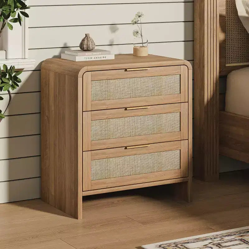 Lot de 2 tables de chevet en rotin à 3 tiroirs, tables de nuit galbées 22,8", meuble de rangement de chambre mid-century - Panipeachy