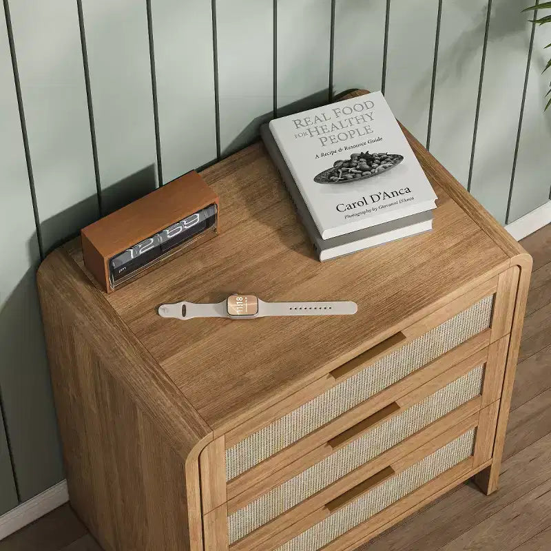 Lot de 2 tables de chevet en rotin à 3 tiroirs, tables de nuit galbées 22,8", meuble de rangement de chambre mid-century - Panipeachy