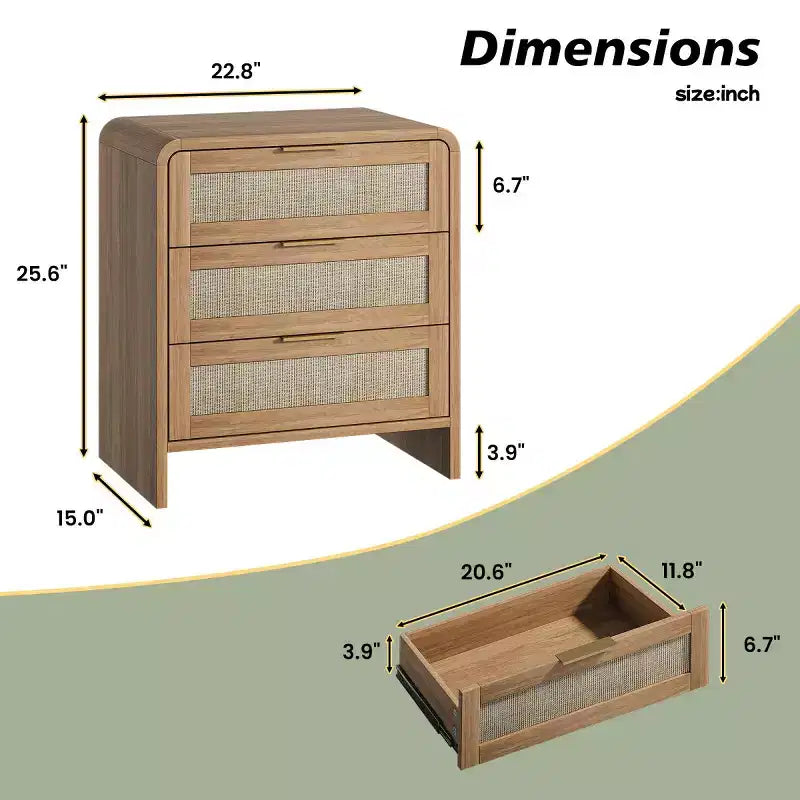 Lot de 2 tables de chevet en rotin à 3 tiroirs, tables de nuit galbées 22,8", meuble de rangement de chambre mid-century - Panipeachy