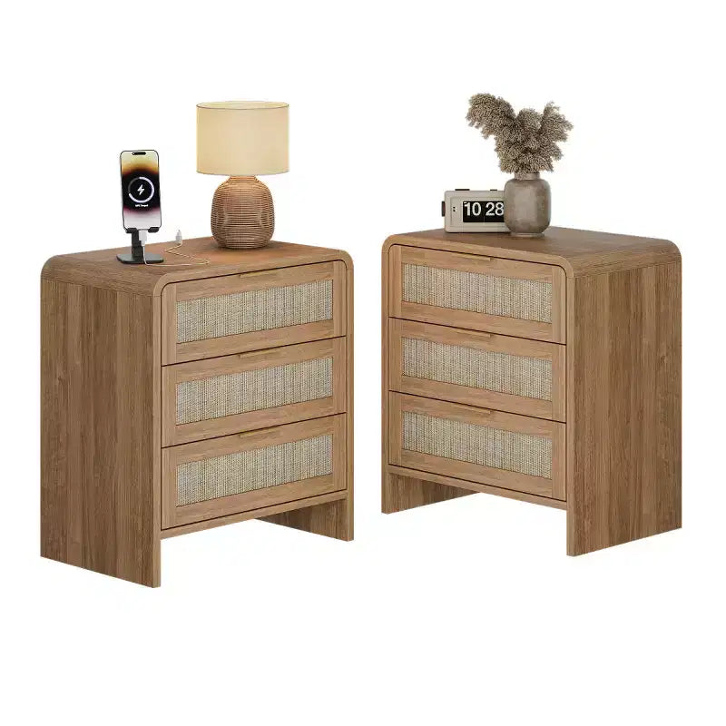 Lot de 2 tables de chevet en rotin à 3 tiroirs, tables de nuit galbées 22,8", meuble de rangement de chambre mid-century - Panipeachy