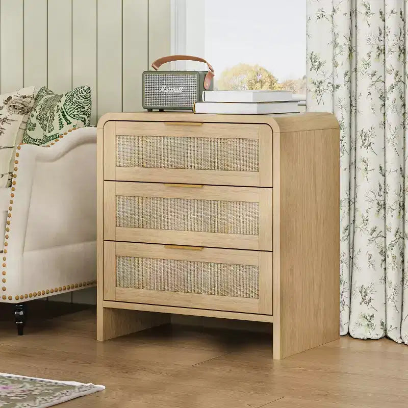 Lot de 2 tables de chevet en rotin à 3 tiroirs, tables de nuit galbées 22,8", meuble de rangement de chambre mid-century - Panipeachy
