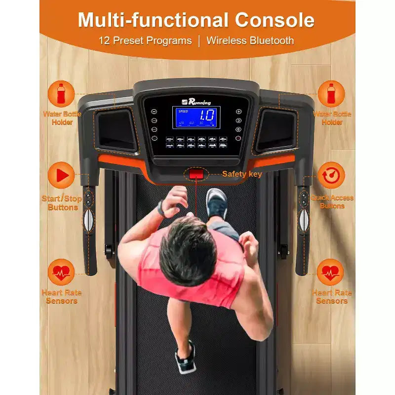Redliro Tapis roulant pliable à inclinaison 3 niveaux pour la maison, machine de course avec haut-parleurs Bluetooth, tapis compact avec capacité 330lbs