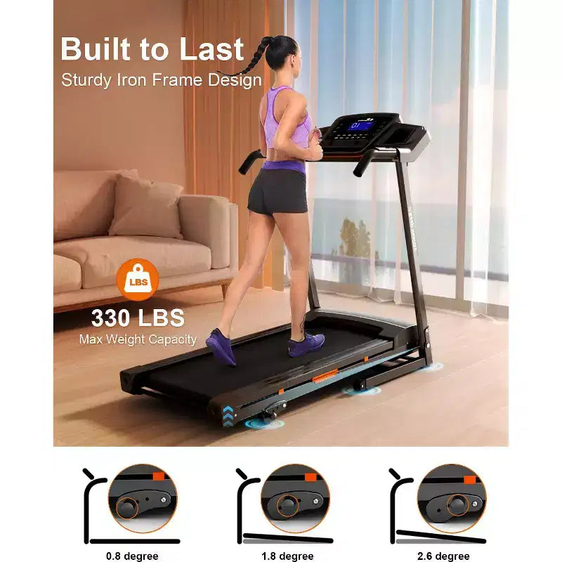 Redliro Tapis roulant pliable à inclinaison 3 niveaux pour la maison, machine de course avec haut-parleurs Bluetooth, tapis compact avec capacité 330lbs