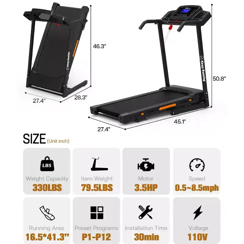 Redliro Tapis roulant pliable à inclinaison 3 niveaux pour la maison, machine de course avec haut-parleurs Bluetooth, tapis compact avec capacité 330lbs