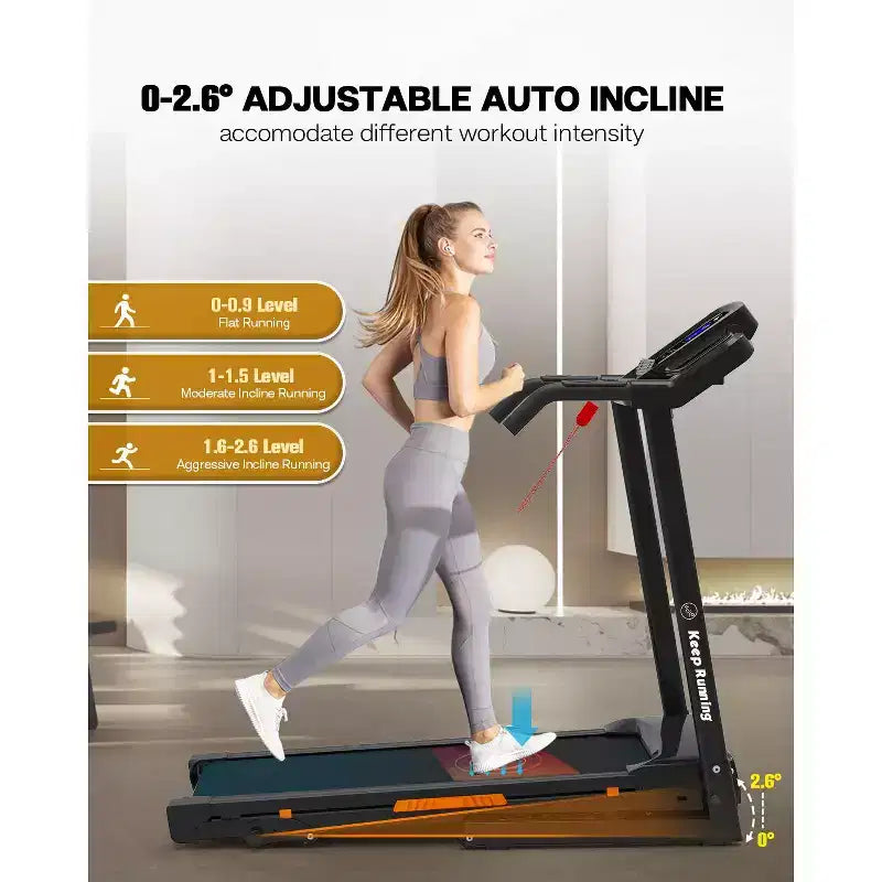 Redliro Tapis roulant pliable à inclinaison 3 niveaux pour la maison, machine de course avec haut-parleurs Bluetooth, tapis compact avec capacité 330lbs