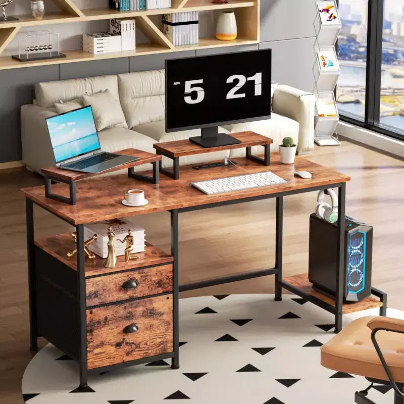 Bureau d'ordinateur brun rustique de 119 cm avec station de charge, classeur, bureau de jeu pour la maison, 2 supports de moniteur, tiroir de rangement et étagère, table d'écriture