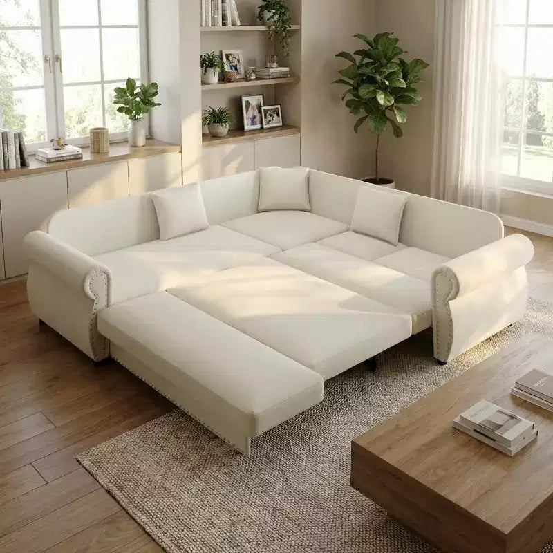 Canapé convertible d'angle 5 places Homy Casa 88 avec lit gigogne, revêtement chenille, beige
