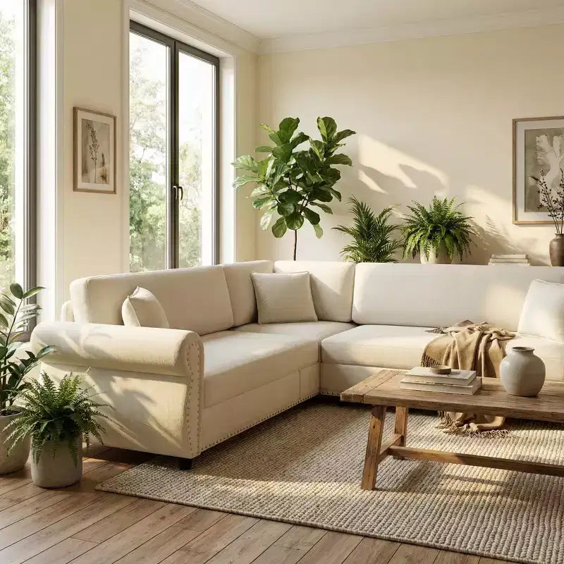 Homy Casa Canapé d'angle convertible 88" en L avec lit escamotable, revêtement chenille, 5 places, beige