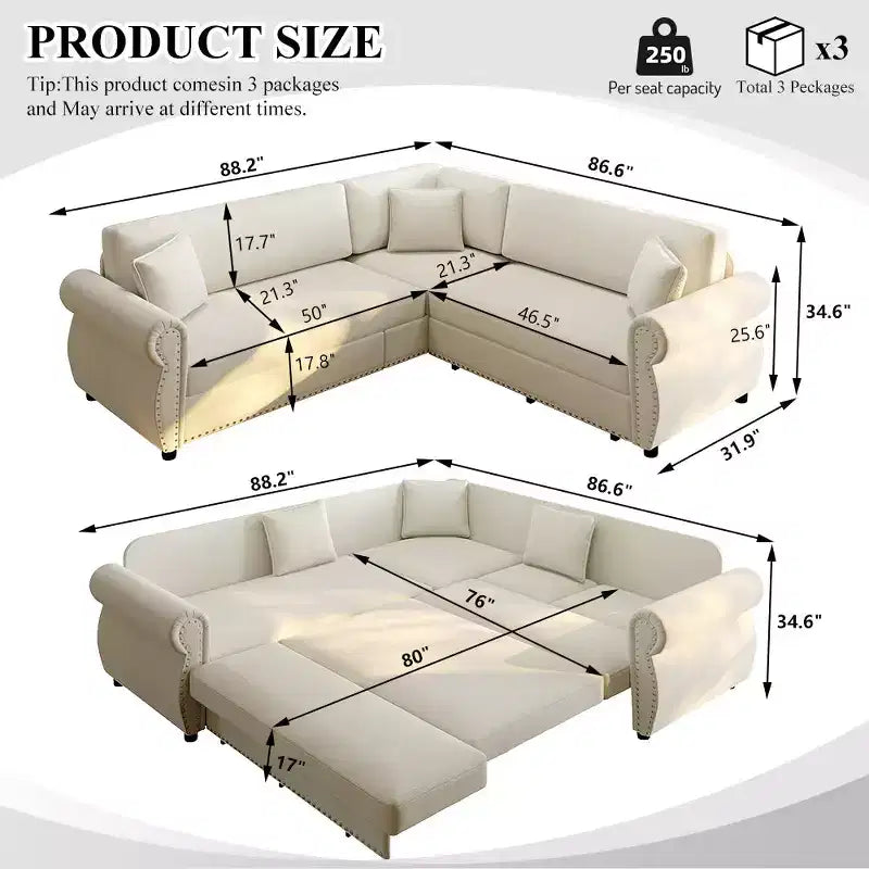 Homy Casa Canapé d'angle convertible 88" en L avec lit escamotable, revêtement chenille, 5 places, beige