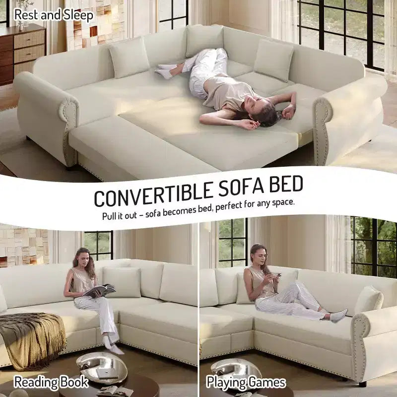 Homy Casa Canapé d'angle convertible 88" en L avec lit escamotable, revêtement chenille, 5 places, beige